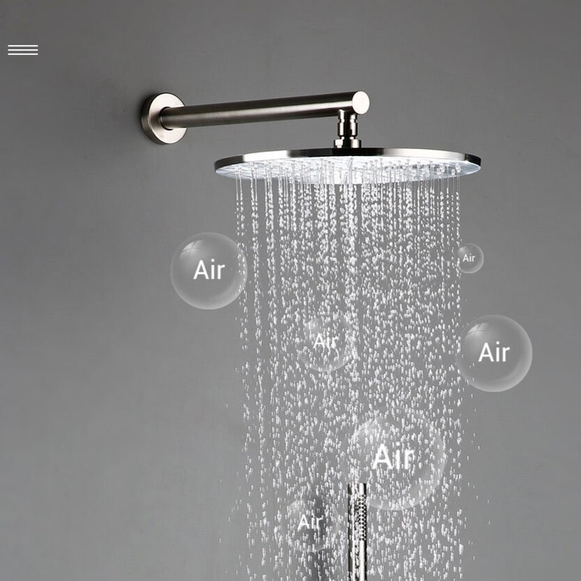 The *Wasser™ Complete Shower System With Bathtub Filler* from Morsale.com features a modern setup against a gray wall, including a round rain showerhead, sleek wall-mounted lever handle, detachable handheld shower with hose, and minimalist spout, all in brushed nickel finish.