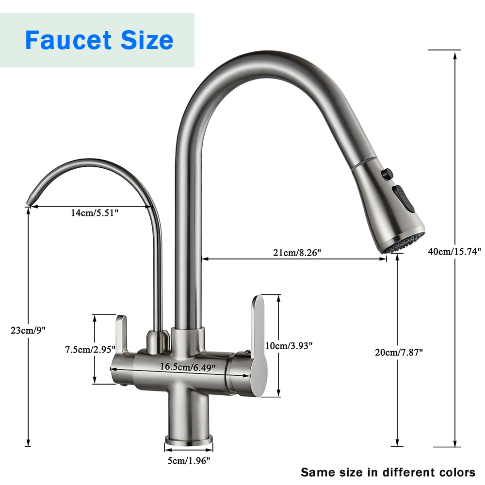 A person is turning on the Rozin Touch Sensor Brass Kitchen Faucet With Filtered Water Tap, which features a sleek, modern black design and a curved spout. Water flows smoothly into the sink below while kitchen items like a pan, soap dispenser, and bottles are visible on the counter in the background. This versatile faucet could easily complement any bathroom sink or shower setup.