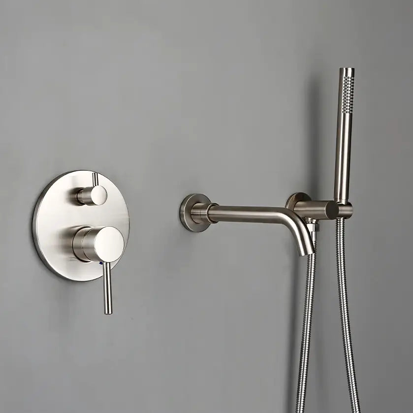 Achieve a minimalist shower setup with the Wasser™ Solid Brass Bathtub Filler With Handheld Shower from Morsale.com. This setup features a brushed nickel wall-mounted faucet with a single lever handle on the left and a detachable handheld showerhead on the right, connected by a flexible hose, all set against a grey background—perfectly complementing any bathroom sink faucet décor.