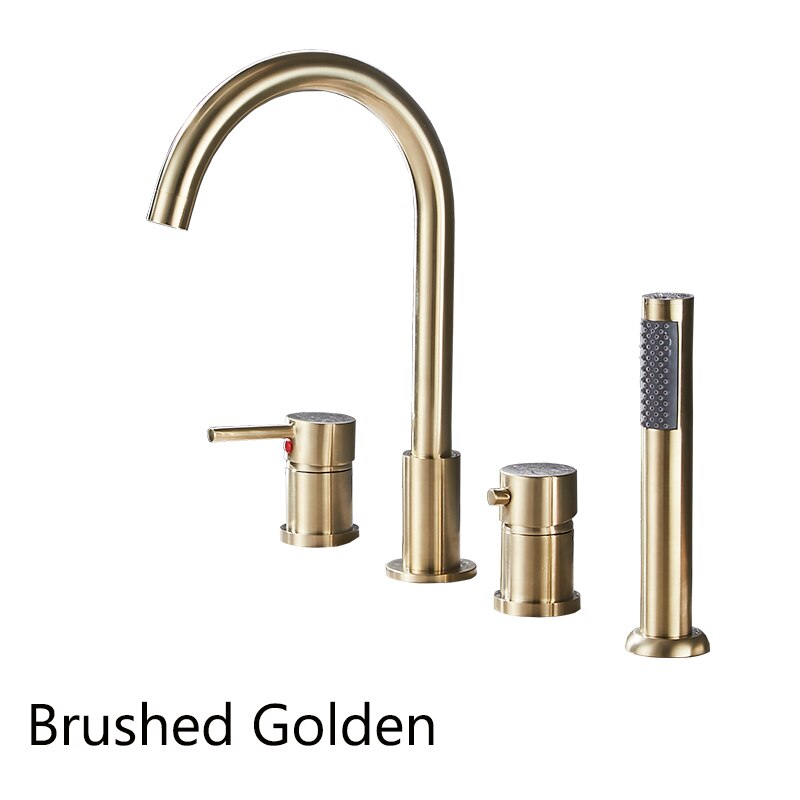 The Deck Mounted Bathroom Faucet Set with Handheld Shower by AllFixture is a modern fixture in a gold finish. It features a high arc spout, a lever handle, and a cylindrical control knob mounted on a white sink against a textured gray wall. This exquisite piece complements any bathroom faucet collection beautifully.