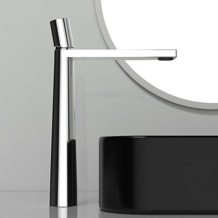 A sleek, modern Single Handle Matt Black Bathroom Faucet by Tiqui sits adjacent to a black rectangular sink with a minimalist design. The setup is against a white background, emphasizing the contrast and contemporary aesthetic.