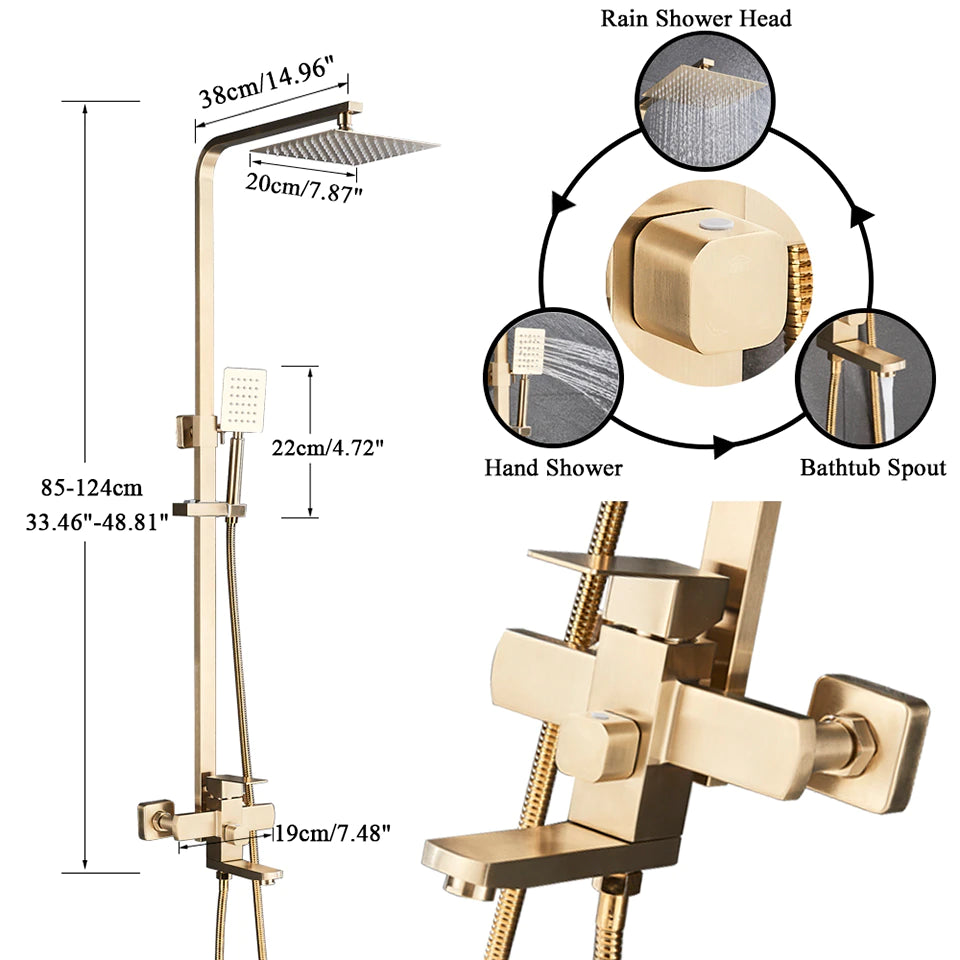 Brushed Gold Rainfall Bath Shower System With Swivel Bath Spout