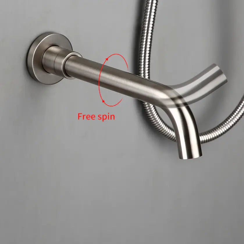 Achieve a minimalist shower setup with the Wasser™ Solid Brass Bathtub Filler With Handheld Shower from Morsale.com. This setup features a brushed nickel wall-mounted faucet with a single lever handle on the left and a detachable handheld showerhead on the right, connected by a flexible hose, all set against a grey background—perfectly complementing any bathroom sink faucet décor.