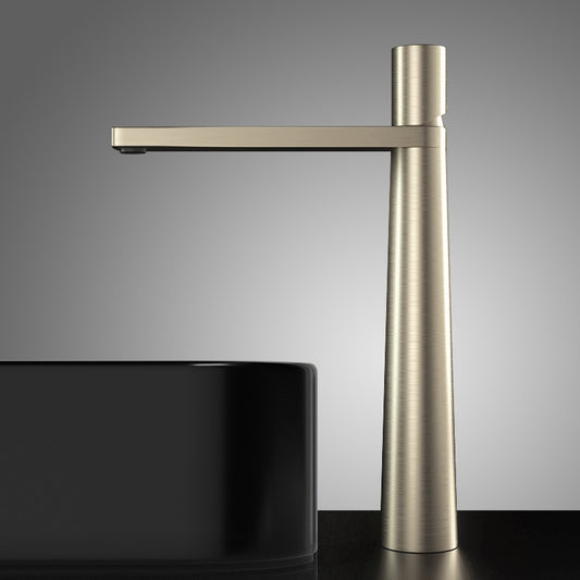 The AllFixture Valmont Pure Single Handle Bathroom Sink Faucet, featuring a tall cylindrical base and horizontal spout, is shown beside a glossy black rectangular sink set against a neutral gray background.