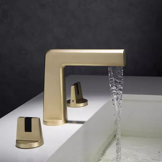 The Tiqui Valmont Widespread Bathroom Sink Faucet, with dual matching handles, is mounted on a white sink as water flows into the basin. Its sleek, minimalist design stands out against the dark, textured wall background.