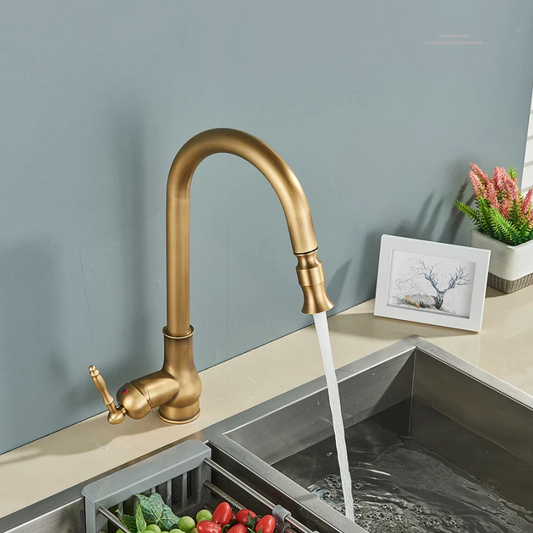 The Rozin Ross Antique Brass Pull-Down Kitchen Faucet runs over a stainless steel sink filled with fresh vegetables. A framed picture and small potted plant decorate the beige countertop against a blue-gray wall.