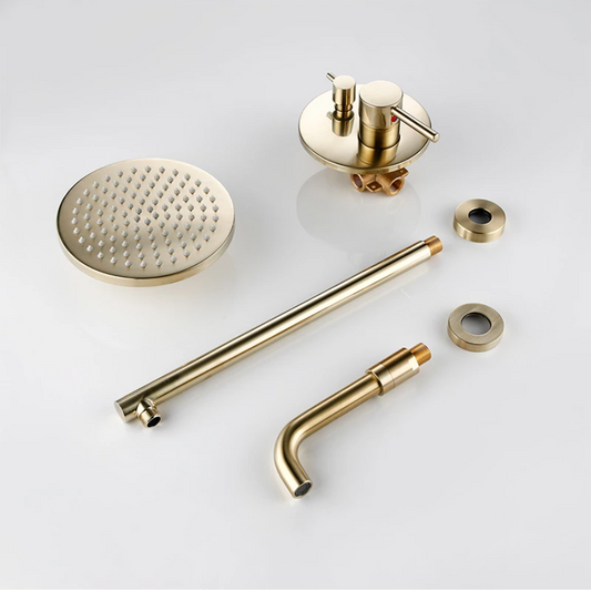 The Windsor Complete Shower System With Bathtub Faucet by Morsale.com features brushed gold fixtures—a rainfall shower head, mixer valve, shower arm, pipe, and two round mounts—elegantly displayed for a cohesive bathroom upgrade.