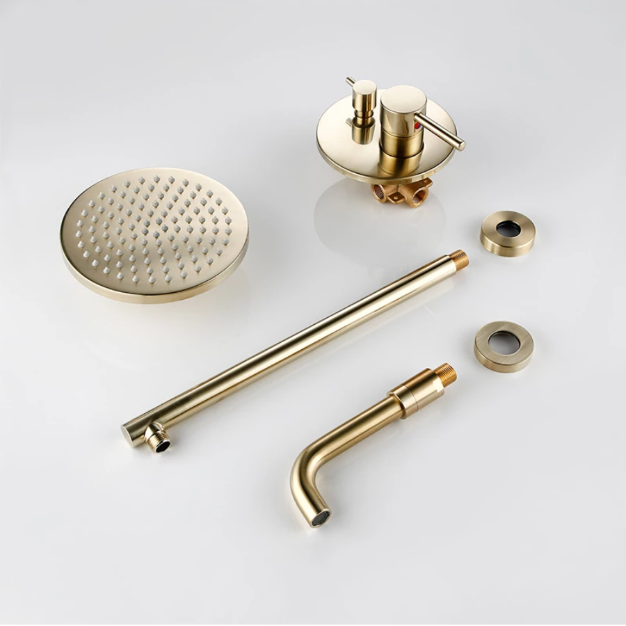 Experience a modern bathroom setup with the Wasser™ Complete Shower System With Bathtub Faucet by Morsale.com. This sophisticated system includes a round overhead shower faucet, handheld shower, single-lever mixer, and wall-mounted spout, all in a sleek gold finish. The water gracefully flows from the overhead shower head against a minimalist grey wall, epitomizing contemporary elegance.