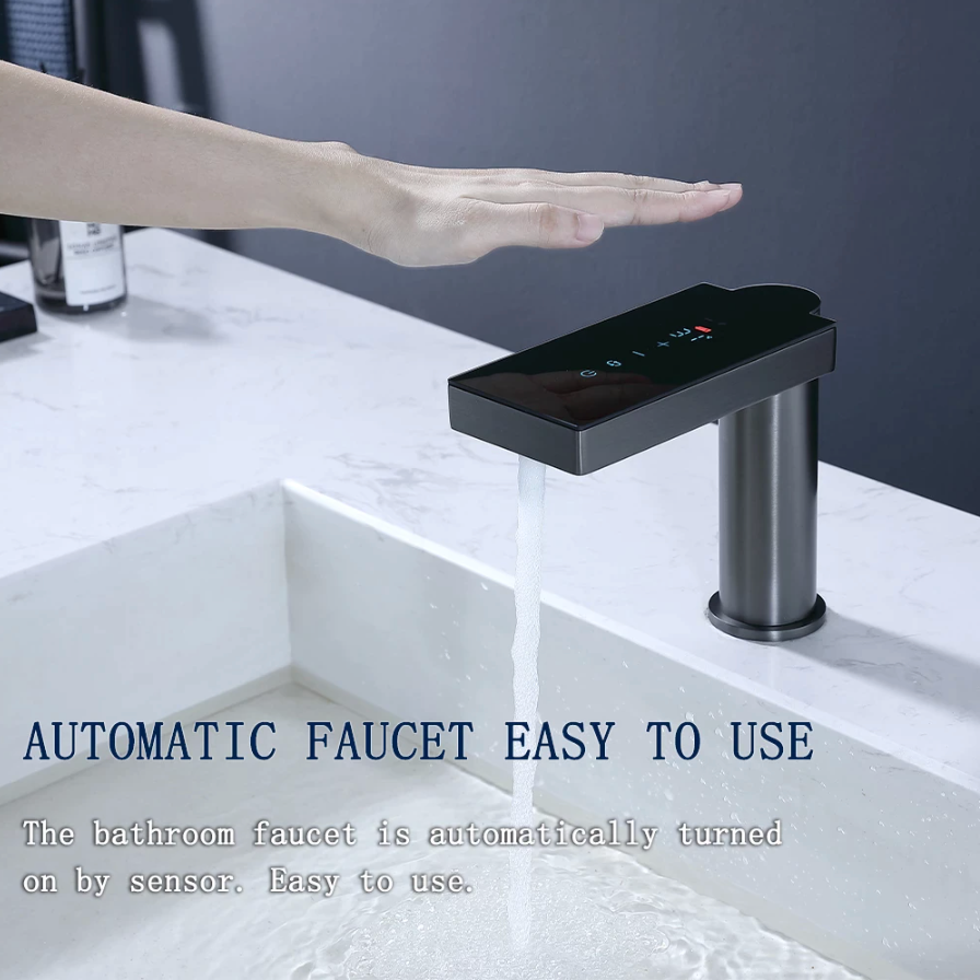 A Sensor Operated Temperature Display Faucet by Bagnolux, with a modern black electronic finish and a sleek rectangular design, is mounted on a white marble countertop. Water flows steadily from the spout into the sink below. This innovative bathroom faucet features touch controls and a display screen on its top surface, combining elegance with cutting-edge technology.