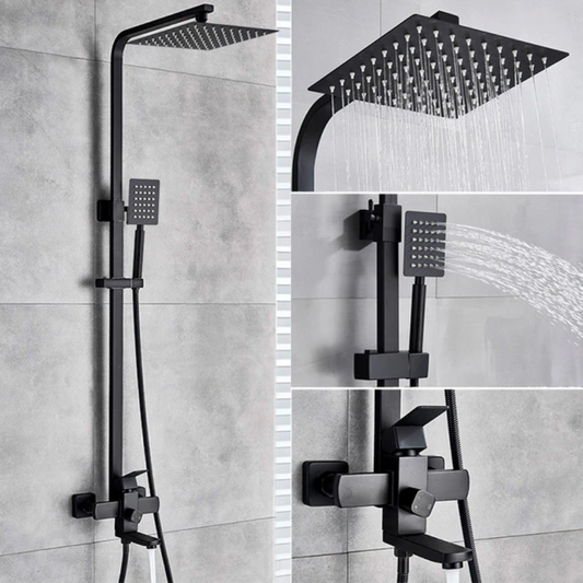 A modern bathroom showcases sleek Solid Brass Rainfall Bath Shower System With Swivel Bath Spout by AllFixture, seamlessly mounted on a light gray tiled wall. The setup includes a large square overhead showerhead and a handheld showerhead. A towel hangs on a hook on the right wall, with a potted plant in the background.