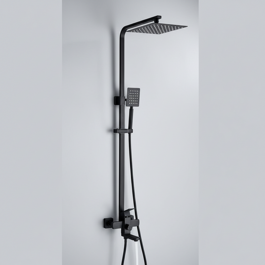 The AllFixture Windsor Rainfall Shower System With Bathtub Faucet features solid brass fixtures in matte black, a large square overhead showerhead, handheld showerhead with hose, and minimalist controls, mounted on a light grey wall.