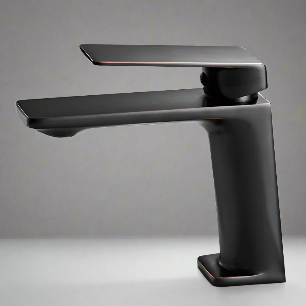 The Wanfan Single-Handle Solid Brass Bathroom Basin Faucet features a matte black finish, flat rectangular spout and handle, and is showcased against a plain gray background.
