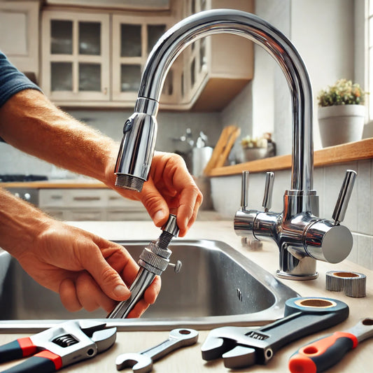 A close-up scene of a kitchen faucet replacement. The image shows hands using tools to install a new chrome kitchen faucet above a stainless steel sin