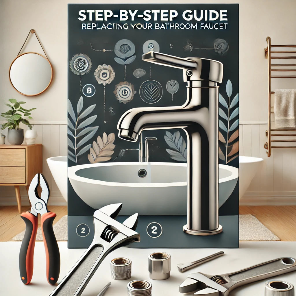 A cover image for a blog post about replacing a bathroom faucet. The image should feature a modern bathroom sink with tools like an adjustable wrench