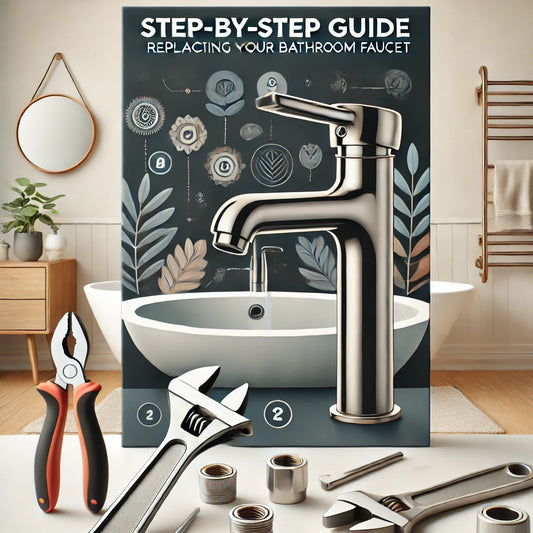 A cover image for a blog post about replacing a bathroom faucet. The image should feature a modern bathroom sink with tools like an adjustable wrench