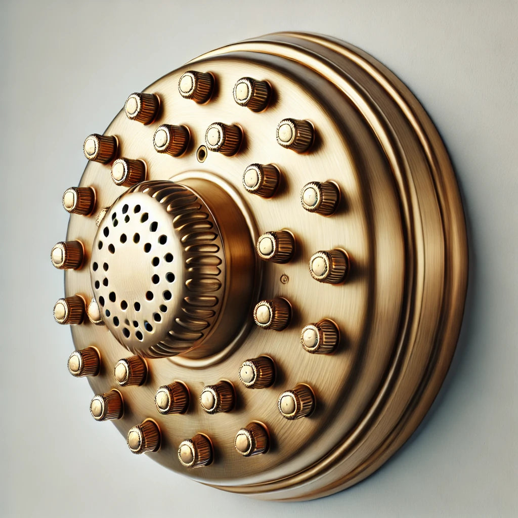 a brass shower head. The shower head is round with a polished finish, featuring multiple small water nozzles