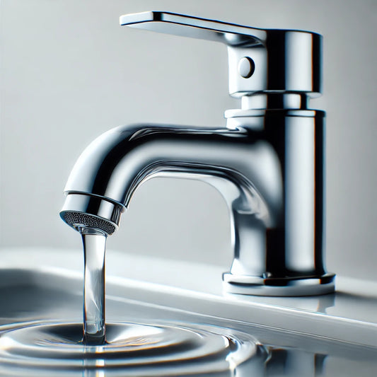 A highly detailed close-up of a modern chrome faucet with a sleek, minimalist design. The faucet is polished and shiny, reflecting light
