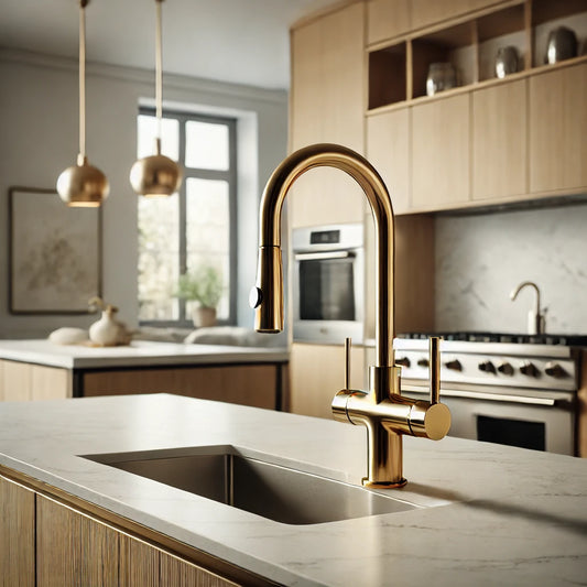 A sleek brass kitchen faucet in a modern kitchen. The kitchen features a minimalist design with clean lines, white marble countertops,
