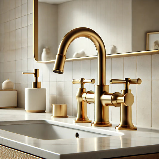 a brass bathroom faucet in a modern, bright bathroom. The faucet is elegant with a high-arc, classic design and polished brass finish