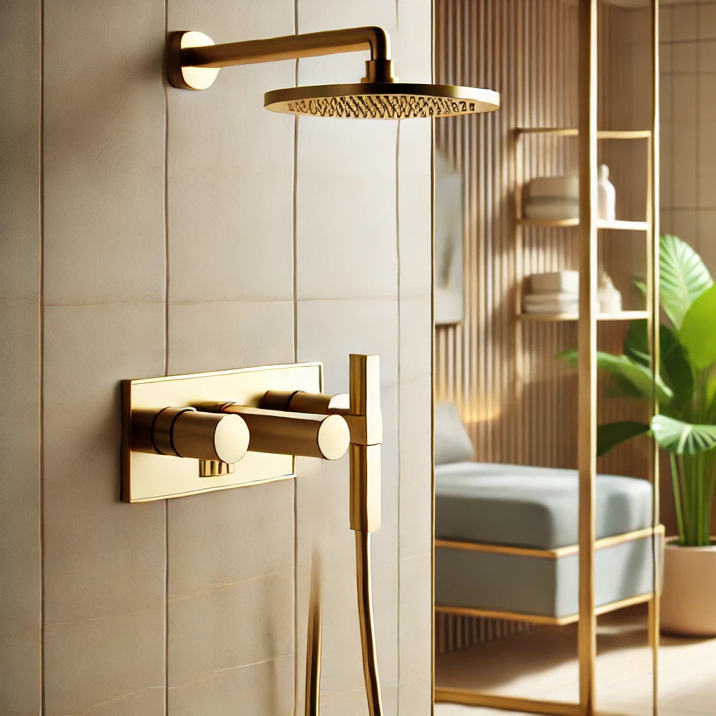 a brass shower faucet in a modern bathroom. The shower faucet is sleek with a polished brass finish and a contemporary design
