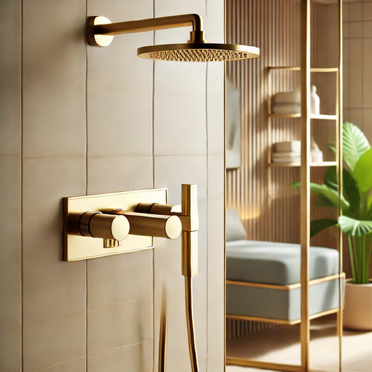 a brass shower faucet in a modern bathroom. The shower faucet is sleek with a polished brass finish and a contemporary design