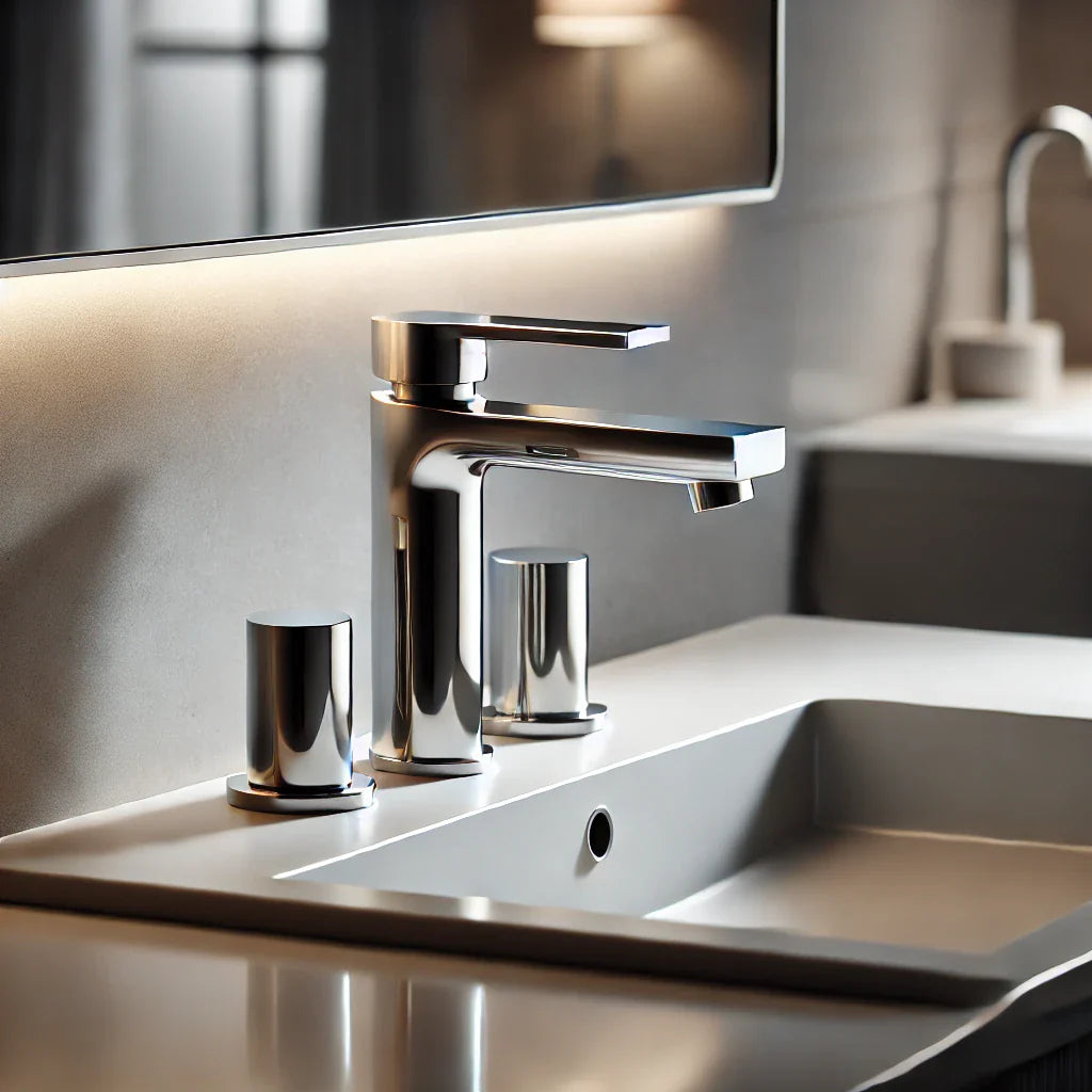Modern chrome bathroom faucet with two handles on a white rectangular sink, set against a gray wall and a large mirror, with soft lighting creating a clean, minimalist look.