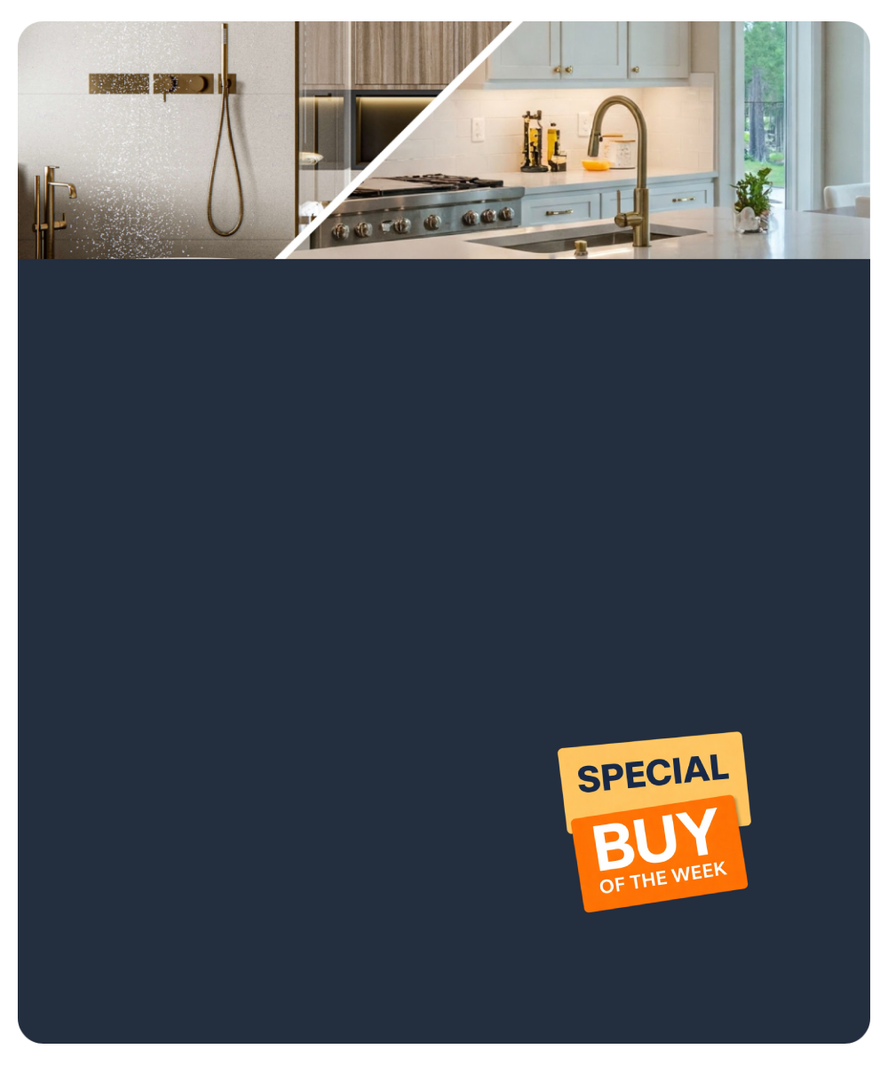 A split image showing a modern bathroom on the left and a stylish kitchen on the right, overlaid with a large white percentage symbol inside a decorative badge.