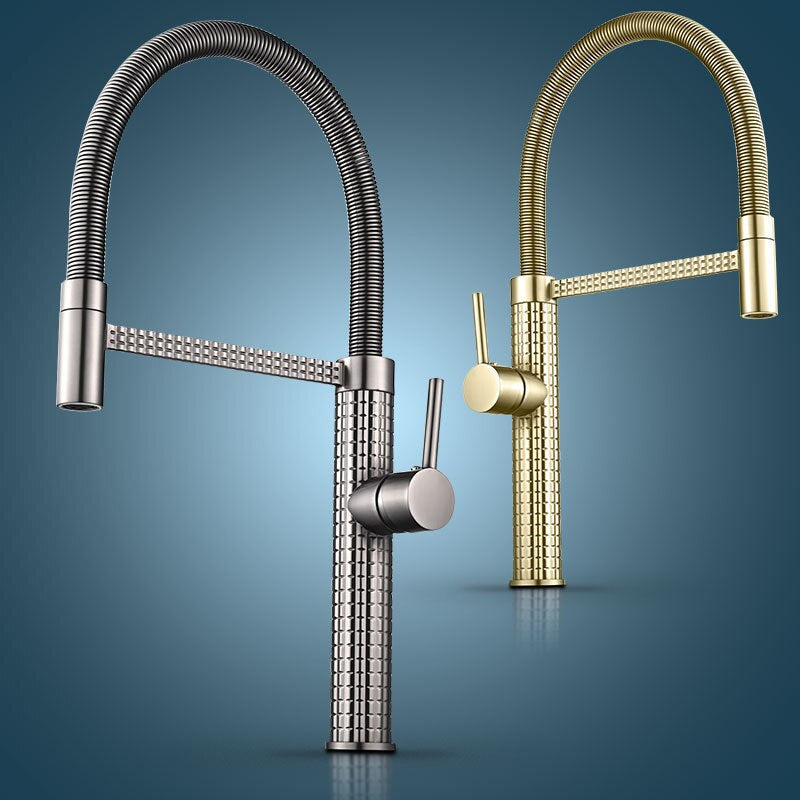 A modern Tiqui™ Solid Brass Kitchen Faucet in a gold finish, featuring a high-arc, flexible spring spout and a side-mounted single-handle lever for adjusting water flow and temperature, stands against a plain white background. The faucet showcases Tiqui's signature sleek and elegant design.