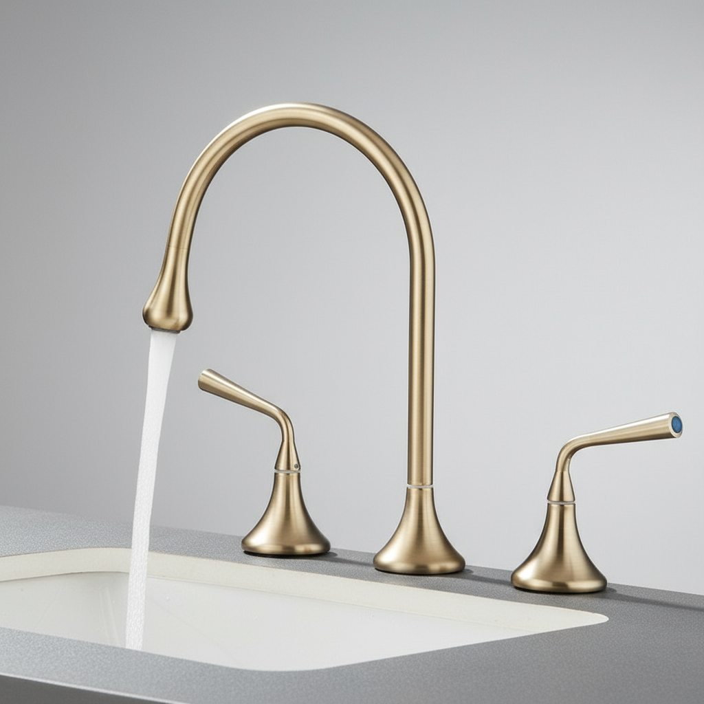 The Mike Jake Maison Widespread Bathroom Faucet features a modern double-handle design with a high-arc spout, installed on a gray countertop. Water flows gracefully into a white sink, set against a neutral background.