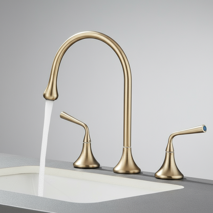The Mike Jake Maison Widespread Bathroom Faucet features a modern double-handle design with a high-arc spout, installed on a gray countertop. Water flows gracefully into a white sink, set against a neutral background.