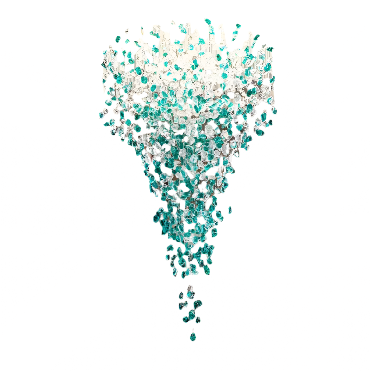 A small green and white crystal heart cascades in a triangular formation on a white background, embodying contemporary design. This exquisite Morsale Crystal Pendant Foyer Chandelier pattern inspires elegant chandelier details.