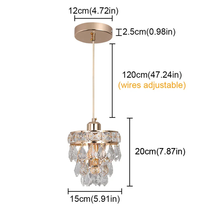 The Lazzo Kitchen Table Pendant Light Fixture by Morsale.com features a gold-colored fixture adorned with handmade crystals. Measurements include a 12cm (4.72in) ceiling mount diameter, 2.5cm (0.98in) fixture height, adjustable hanging wire length of 120cm (47.24in), chandelier height of 20cm (7.87in), and a diameter of 15cm.