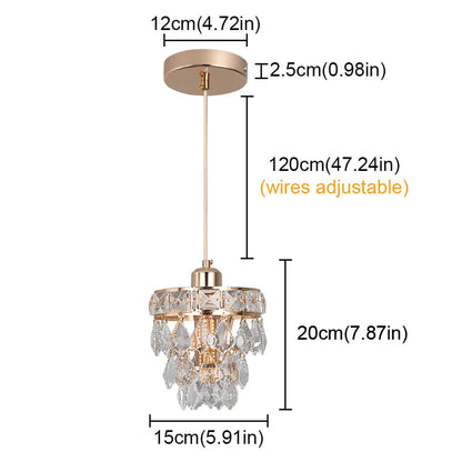 The Lazzo Kitchen Table Pendant Light Fixture by Morsale.com features a gold-colored fixture adorned with handmade crystals. Measurements include a 12cm (4.72in) ceiling mount diameter, 2.5cm (0.98in) fixture height, adjustable hanging wire length of 120cm (47.24in), chandelier height of 20cm (7.87in), and a diameter of 15cm.