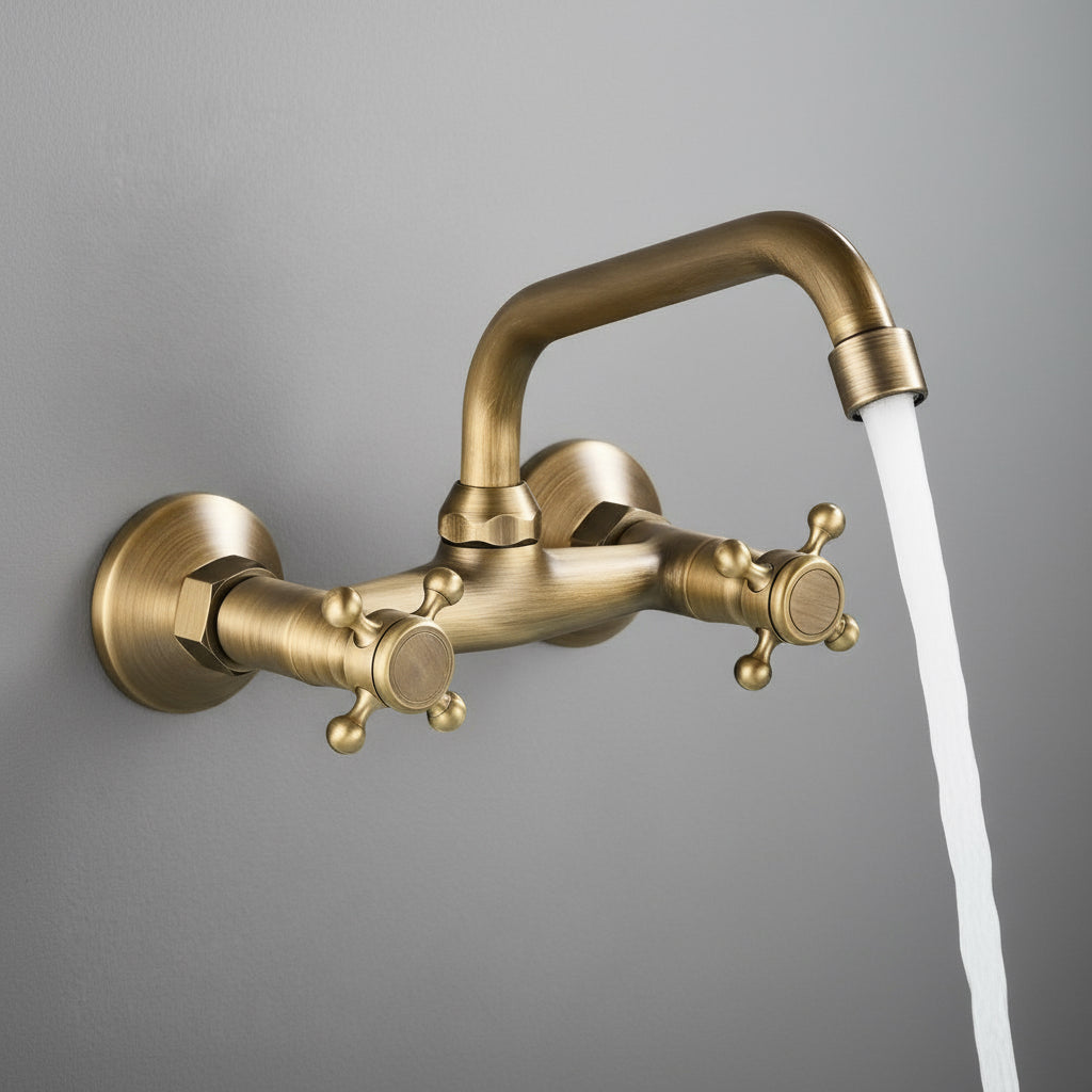 The AllFixture Maison Brass Wall Mounted Bathroom Faucet, featuring two cross handles and a vintage style, is turned on, releasing a steady stream of water against a plain gray wall.