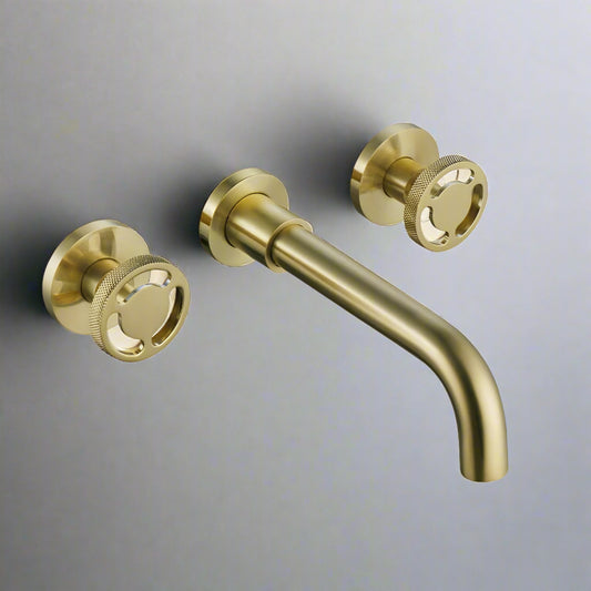 The Morsale.com Solid Brass Dual Handle Wall Mounted Faucet features modern round textured handles and is shown against a smooth, light gray background.