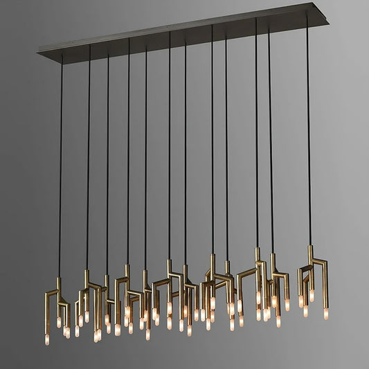 The 48-Light Dining Room Ceiling Light Fixture by Morsale.com features a modern chandelier design with numerous small bulbs on long cords, a stainless steel and brass geometric structure, and an elegant gray background.