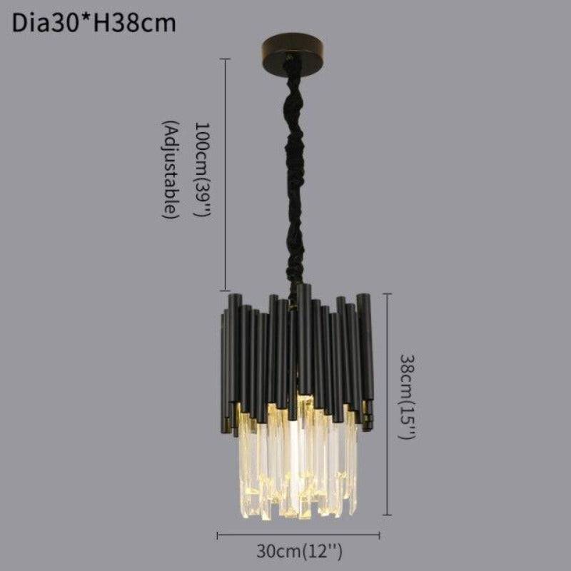The Vigo Kitchen Island Light Fixture by Morsale.com is displayed, featuring premium stainless steel black cylindrical rods and handmade clear crystal accents. Perfect for a kitchen island, it boasts an adjustable hanging length of 100 cm (39 inches), with dimensions of 30 cm in diameter and 38 cm in height, all set against a grey background.