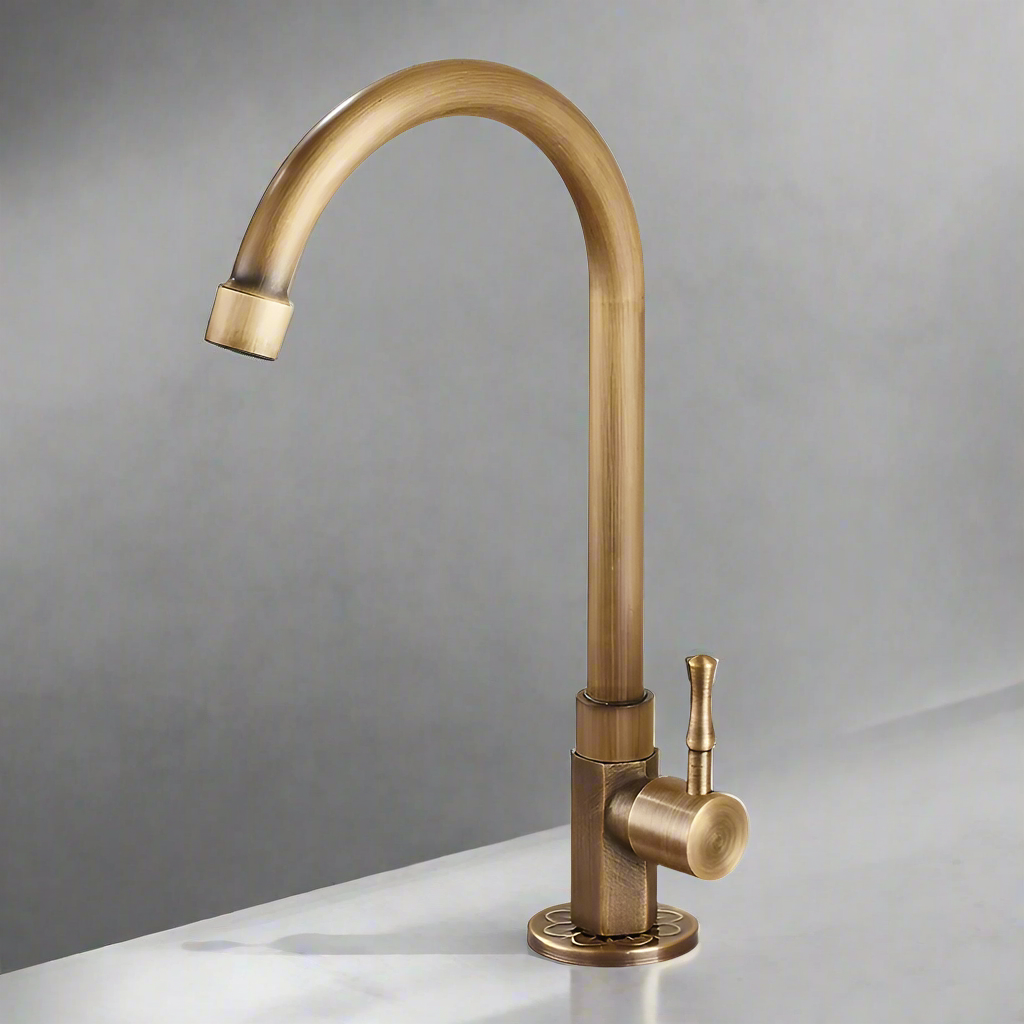The AllFixture Antique Brass Single-Handle Kitchen Faucet with a high-arc swivel spout is installed on a white countertop against a neutral gray background.