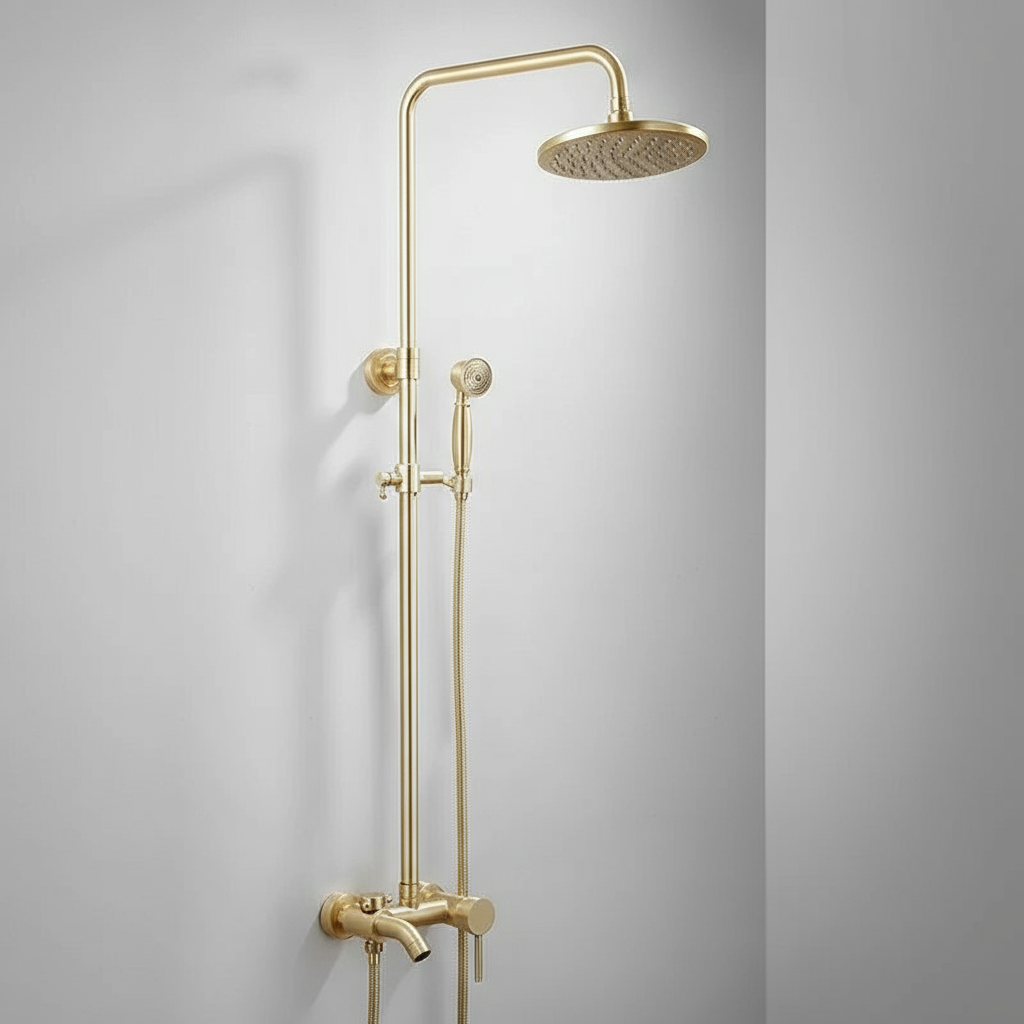 The Tiqui Maison Exposed Pipe Shower System features a modern gold finish, round overhead showerhead, handheld attachment, and sleek fixtures, all mounted on a white bathroom wall.