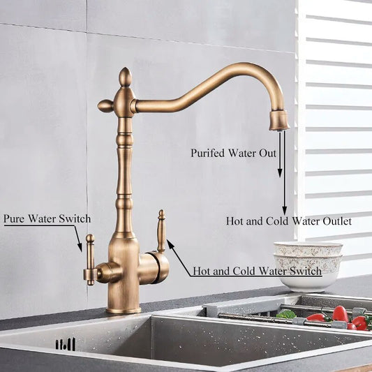 The Uythner Maison Kitchen Faucet with Filtered Water Tap features a polished gold finish, labeled switches for pure, hot, and cold water, distinct outlets, and is installed above a metal sink with vegetables and bowls nearby.