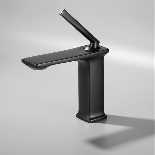 The Wanfan Valmont Single-Handle Bathroom Faucet features a modern matte black finish, flat spout, and an angled lever handle, displayed against a plain light grey background.