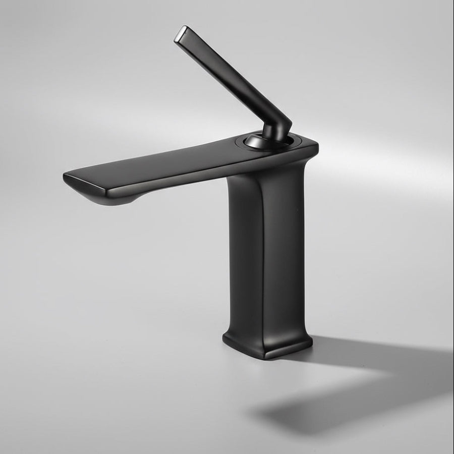 The AllFixture Valmont Single Handle Bathroom Faucet features a sleek matte black finish, a rectangular spout, and an angled lever handle in solid brass, shown against a plain light gray background.