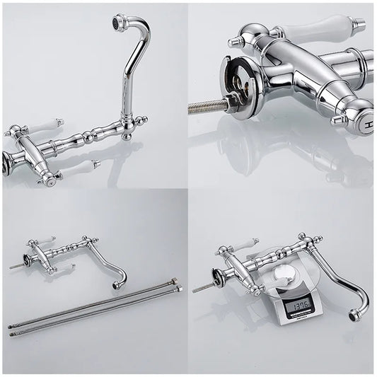 Four images display the ELLEN Heritage Dual-Handle Kitchen Faucet: close-ups of its joints, a full view with two pipes, and the faucet on a digital scale showing 1376 grams.