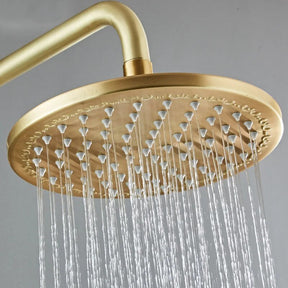 Image of the Tiqui Complete Shower Set With Bathtub Faucet showcasing a luxurious round overhead rain showerhead, a handheld sprayer, and dual-handle controls. Close-up views highlight the detailed craftsmanship of the showerhead, handheld sprayer, and control handles, all in a matte gold finish.