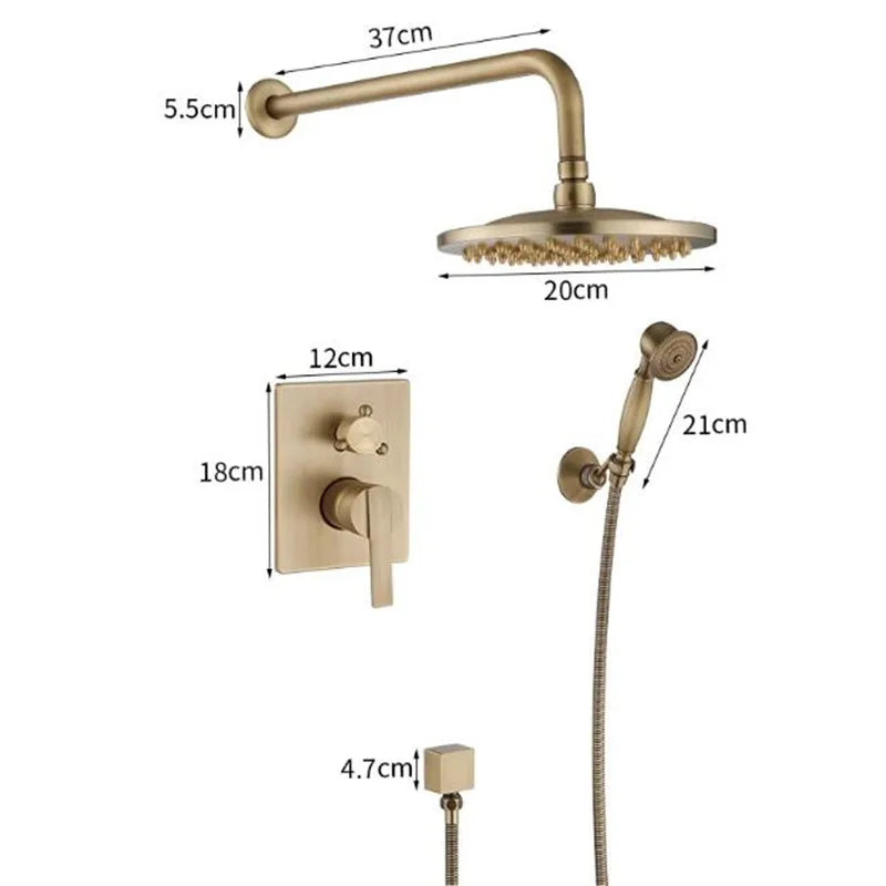 Mounted on a light gray wall, the Antique Brass Shower System with Handheld Shower from Morsale.com showcases a large overhead rain shower head, a flexible handheld showerhead, a control lever, and a secondary knob. Its minimalist design exudes modern elegance similar to high-end kitchen sink faucets.