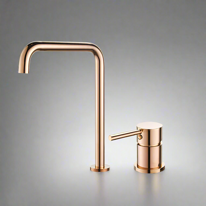 The AllFixture Single Handle Rose Gold Bathroom Sink Faucet features a modern minimalist design with a cylindrical handle, high arc spout, and durable ceramic cartridge, showcased against a plain gray background.