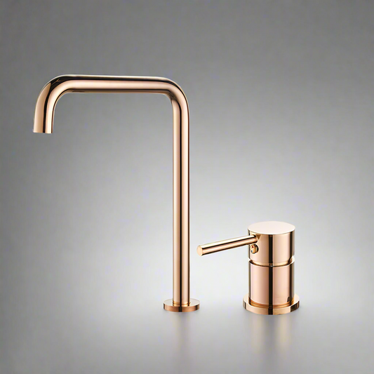 The AllFixture Single Handle Rose Gold Bathroom Sink Faucet features a modern minimalist design with a cylindrical handle, high arc spout, and durable ceramic cartridge, showcased against a plain gray background.