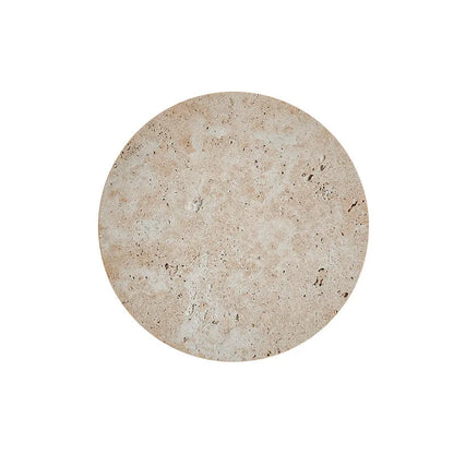 A circular, tan-colored stone Natural Travertine Wall Sconce by Morsale.com with a slightly textured surface, displaying natural variations in color and small porous details. Reminiscent of handmade wall sconces, the wall sconce is photographed against a plain white background.