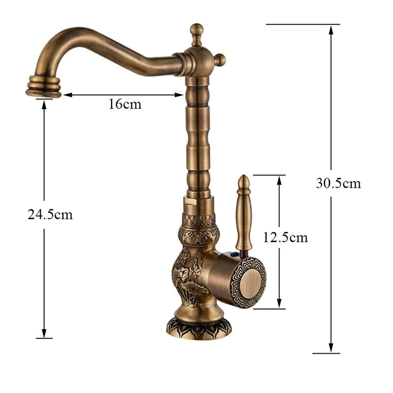 An Antique Brass Single Handle Faucet by Rozin, with its intricate carvings, streams water into a modern stainless steel sink against a textured white tile backsplash.