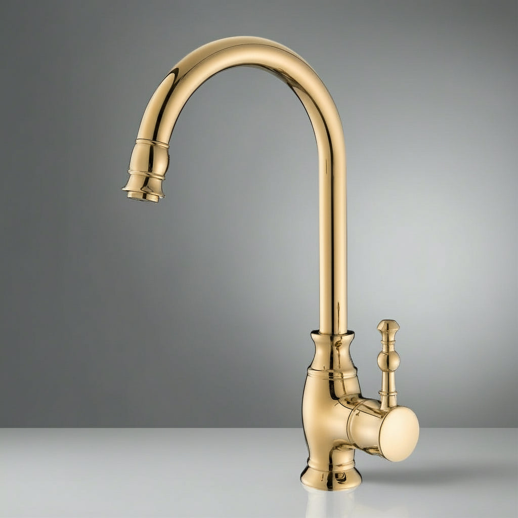 The AllFixture Maison Polished Gold Kitchen Faucet, with a high curved spout and single side lever, crafted from solid brass, stands on a white surface against a gray background.
